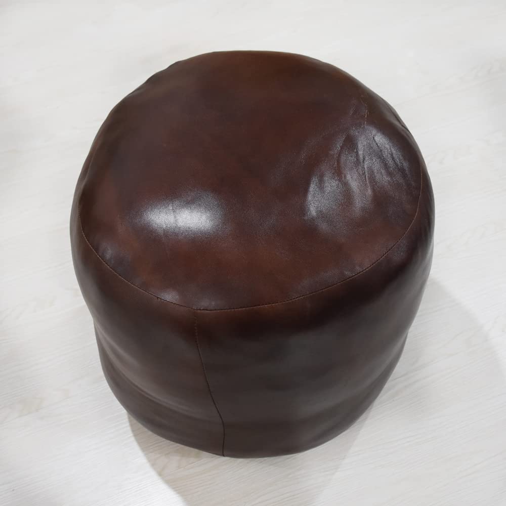 Round Brown Leather Pouf