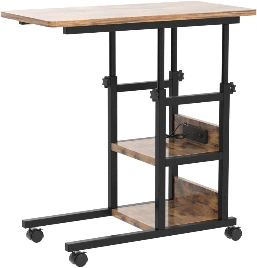 Armocity C Shaped End Table Height Adjustable - Couch Side Table with Charging Station, TV Tray with Wheels Slide Under Sofa for Small Spaces, Living Room Bedroom, Rustic Brown