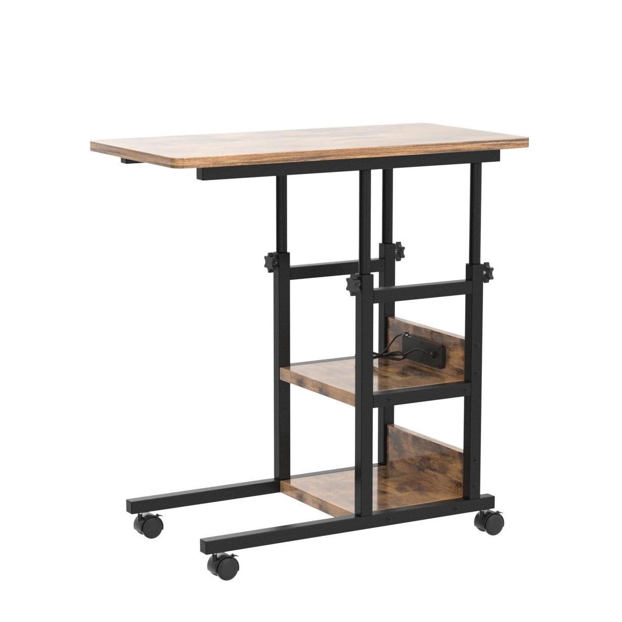 Armocity C Shaped End Table Height Adjustable - Couch Side Table with Charging Station, TV Tray with Wheels Slide Under Sofa for Small Spaces, Living Room Bedroom, Rustic Brown