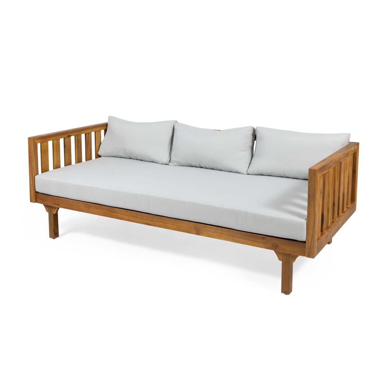 Christopher Knight Home Tina Outdoor 3 Seater Acacia Wood Daybed, Teak Finish, Light Grey