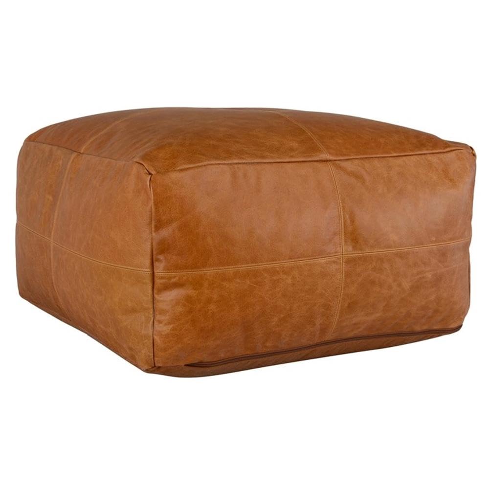 Square Genuine Leather Pouf Ottoman – Chestnut Brown