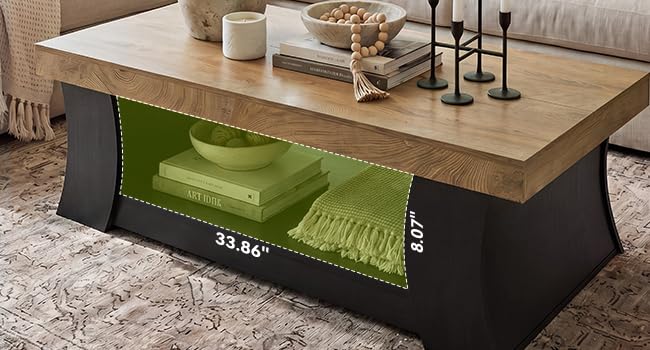 LITTLE TREE 55" Coffee Table, Living Room Table with Storage Shelf, Wooden Coffee Table, Modern Farmhouse Rectangle Center Table for Living Room, Bedroom, Office, Rustic Brown+Black