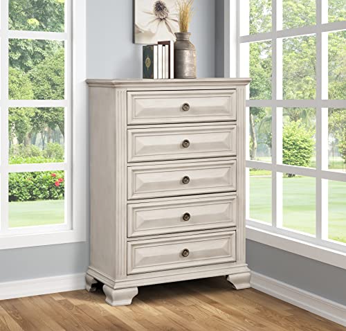 Roundhill Furniture Renova Distressed Parchment Wood Bedroom Set, Queen Panel Bed, Dresser, Mirror, Nightstand, Chest