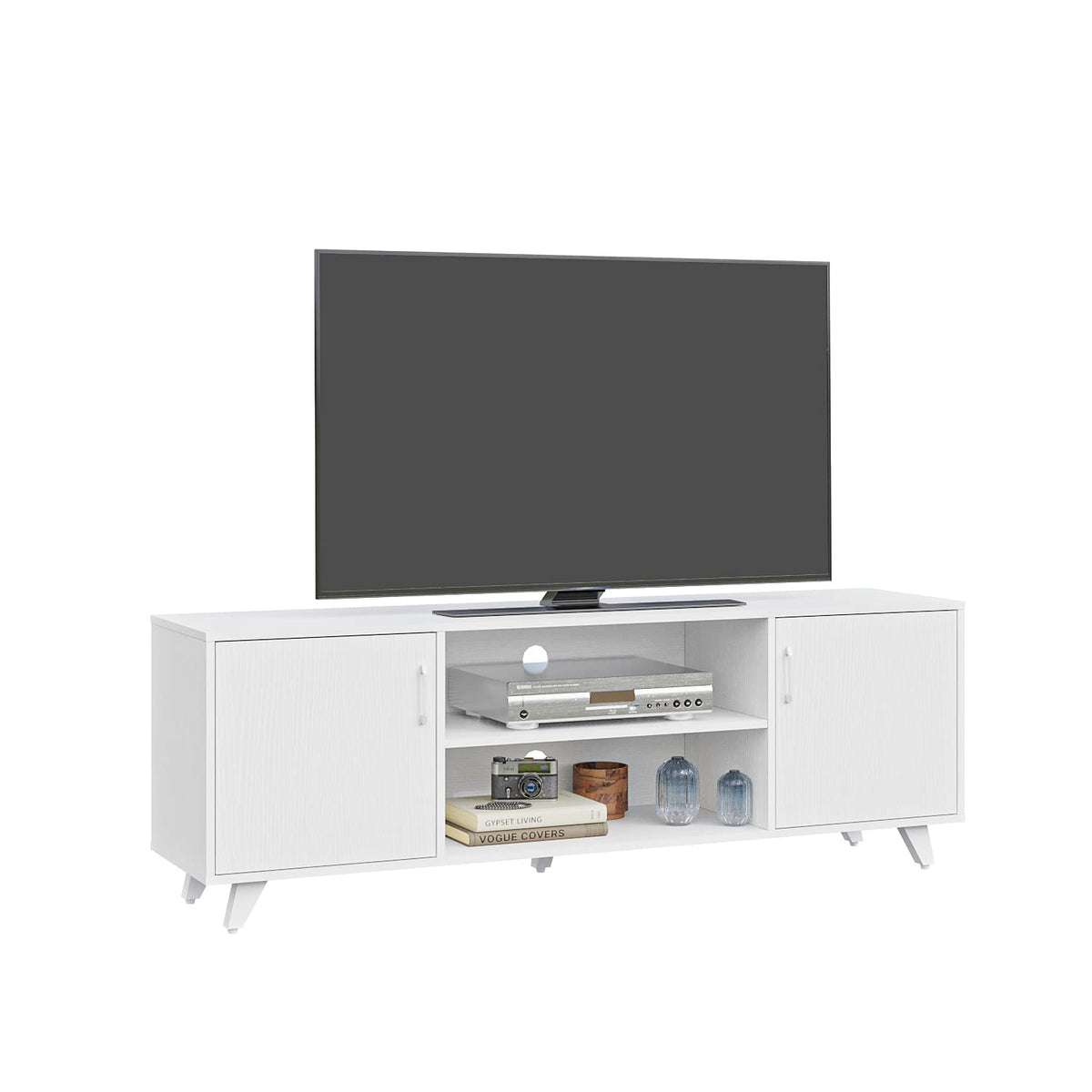 Panana TV Stand for 55 60 65 70 inch TV, Modern Mid Century Entertainment Center Media Console Table with 2 Doors 2 Shelves for Living Room, 63" x 15" x 21.6" (White)