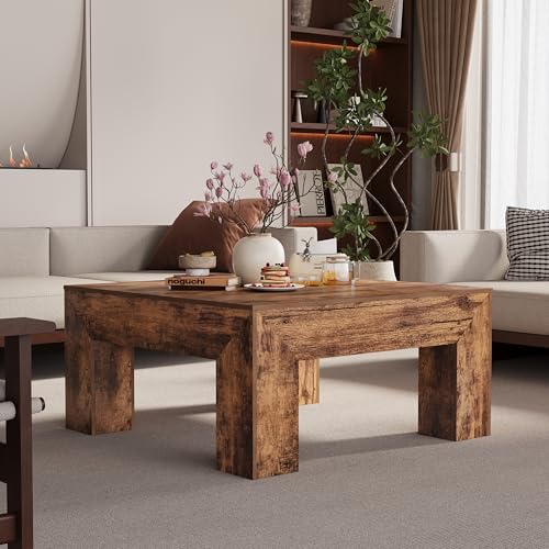 Square Coffee Table with Thick Base – Rustic Brown