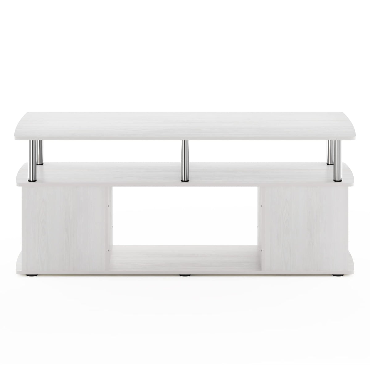 Furinno Jaya TV Stand, 3-Tier Entertainment Center with Open Shelf, TV Console for TV up to 50 Inch with Side Storage Compartments, for Living Room, Bedroom, White Oak/Stainless Steel