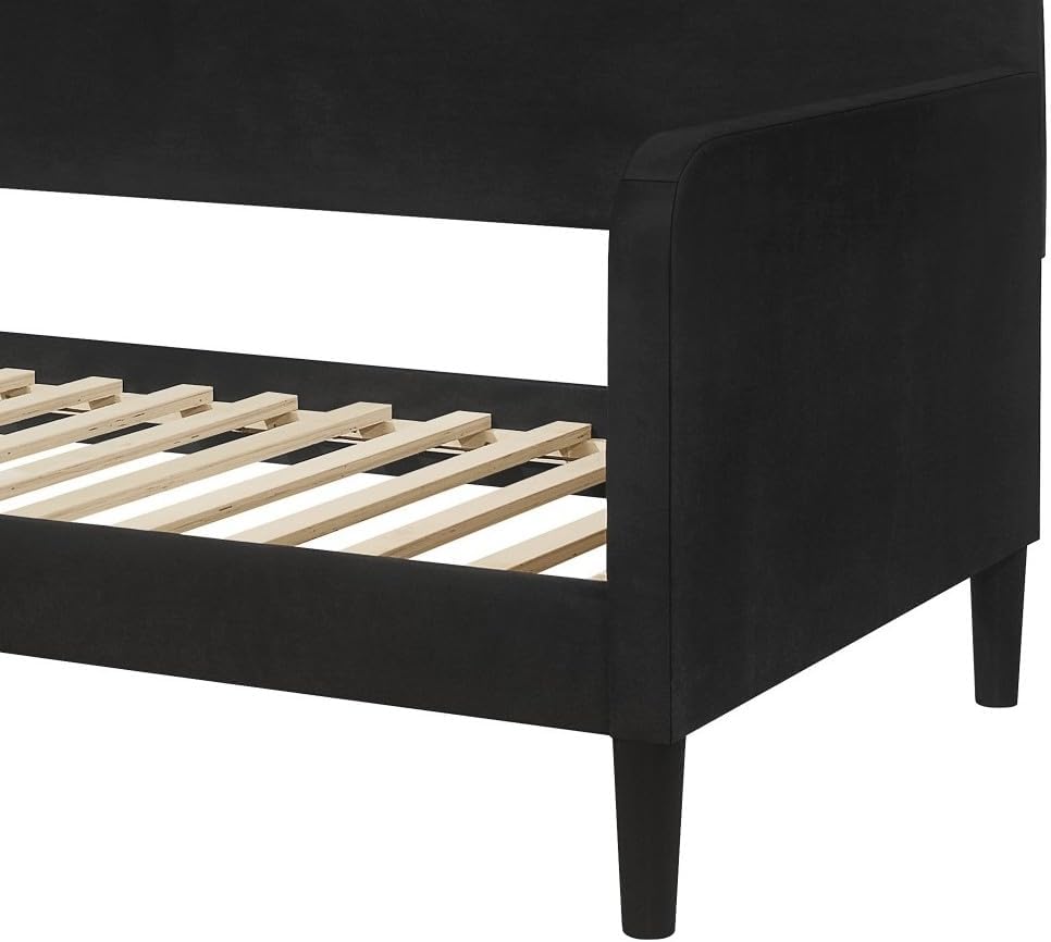 HOME DESIGN Savannah Twin Daybed, Velvet Upholstery, Clean Lines, Rounded Track Arms, Slim Wooden Feet, Full Slat System, Black