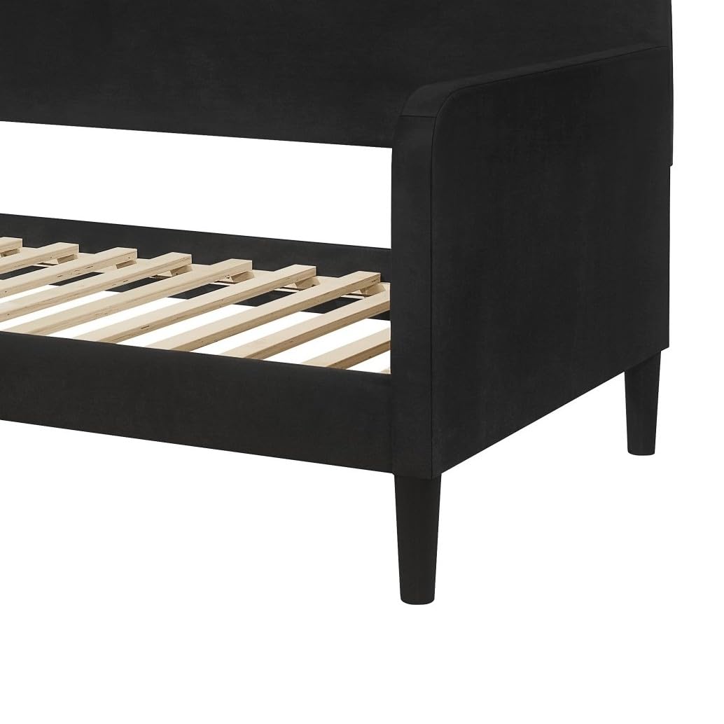 HOME DESIGN Savannah Twin Daybed, Velvet Upholstery, Clean Lines, Rounded Track Arms, Slim Wooden Feet, Full Slat System, Black