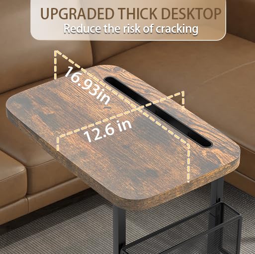 Fashion TV Tray Table with Large Tabletop, Adjustable Sofa Table with Storage Baskets, Strong Metal Frame, Tv Dinner Tray Table for TV Watching, Meals, Snacks (Square, Brown, 16.93inch x 12.6inch)