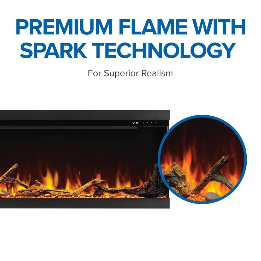 Astound 74 FlexMount Electric Fireplace - NEFL74AB - 74-Inch, Flexible Installation, Built-in or Wall Hanging, Realistic Flames, Wi-Fi Enabled, Voice or App Control, Included Logs and Woodland Kit