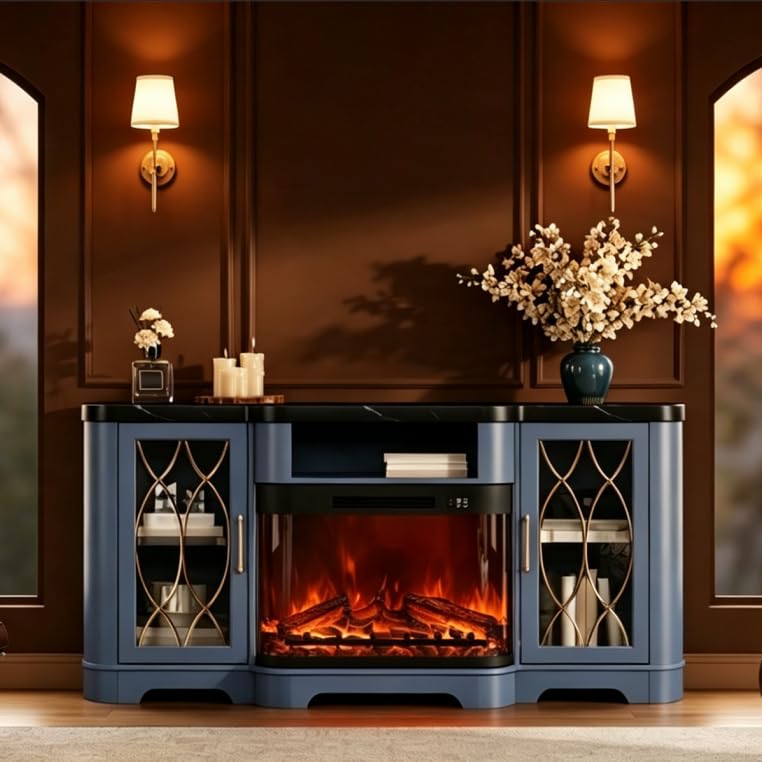 RNLRNL 70" TV Stand with 30" Curved Electric Fireplace, Blue/Black