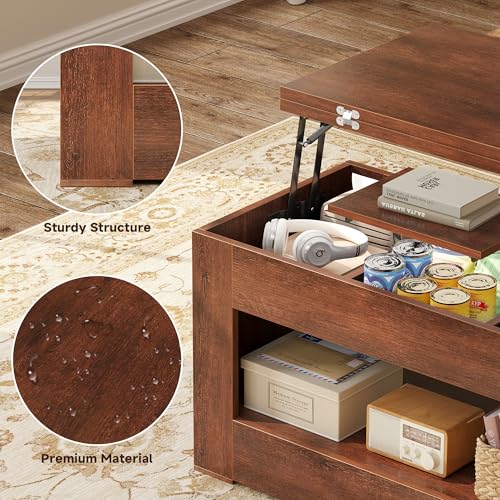 UNIQUITE 40" Lift Top Coffee Table, 4 in 1 Multi-Function Lift Coffee Table with Storage and Hidden Compartment, Convertible Coffee Tables to Dining Table for Living Room, Walnut