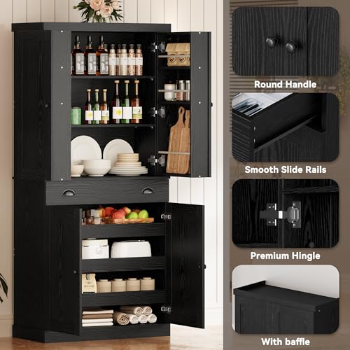 IRONCK Kitchen Pantry Cabinet 72" Height, Freestanding Cupboard with Drawer, Sliding Storage Rack, and 6 Hanging Shelves for Dining Room, Laundry, Living Room, Black