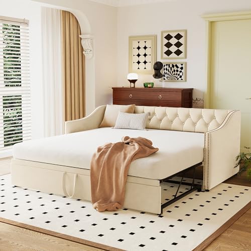 Merax Twin Size Upholstered Velvet Daybed with Pop Up Trundle, Multi-Functional Sofa Bed with Backrest and Two Armrest for Kids Room, Guest Room, Living Room,Beige