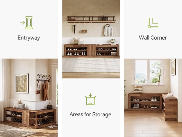 L-Shaped Corner Shoe Bench with Open Storage Shelves