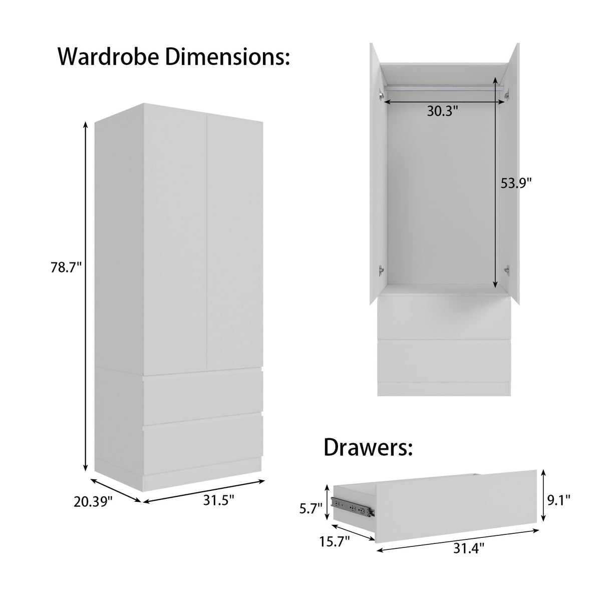 Mekminop Armoire Wardrobe Closet with 2 Doors & 2 Drawers, Bedroom Armoire Clothes Organizer with Hanging Rod, Freestanding Wardrobe Cabinet (31.5”W x 20.39”D x78.74”H)