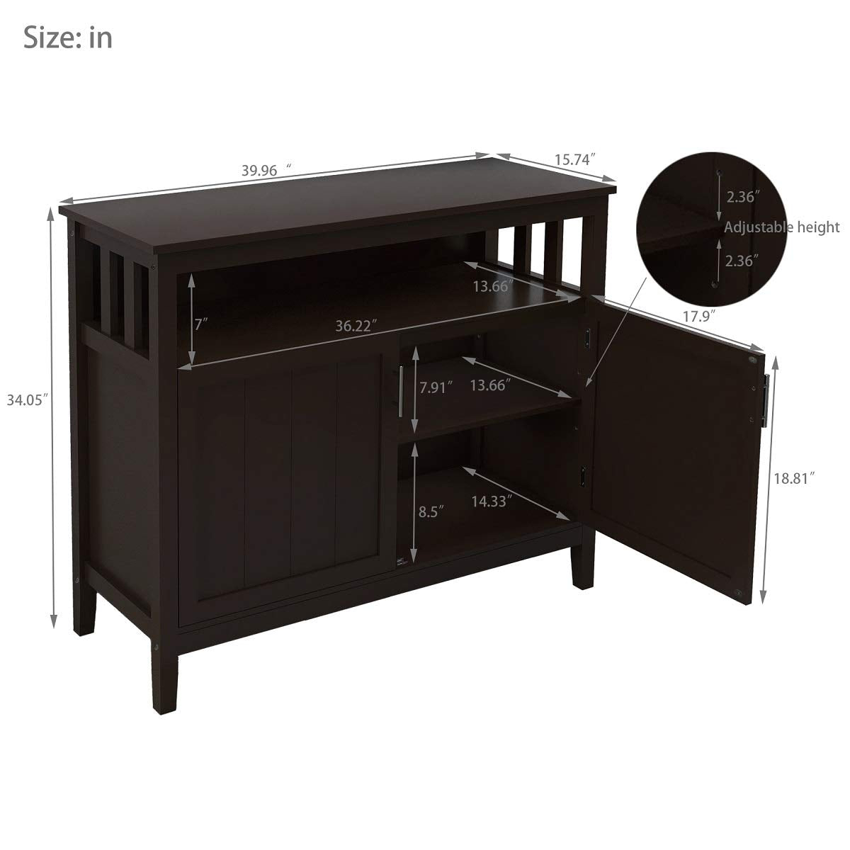 topbest Kitchen Storage Sideboard Dining Buffet Server Cabinet Cupboard, Modern Dining Storage with 2 Doors and Adjustable Middle Shelf for Kitchen, Bedroom, Dining Room (Brown)