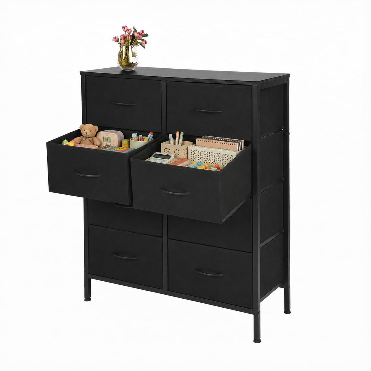 8-Compartment Tall Storage Cabinet with Steel Frame and Top Panel, Black