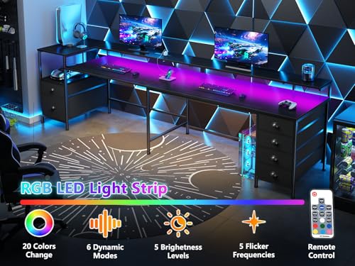 95" Two-Person Gaming & Office Desk with LED Lights, Power Outlets & Storage