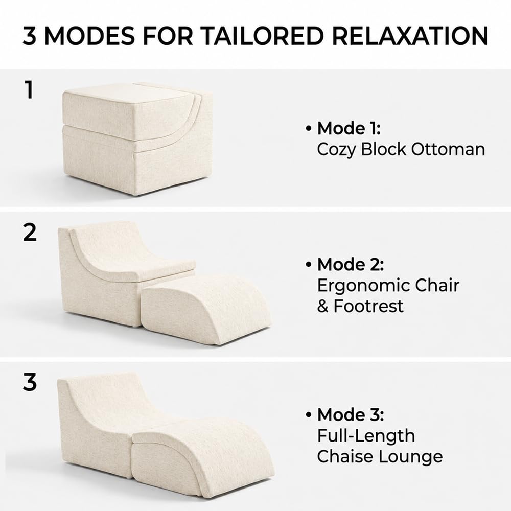 NeoNook 3-in-1 Convertible Chaise Lounge Chair with Curved Back, Chenille Armless Boneless Floor Sofa, Comfortable Lazy Chair Reading Chair for Bedroom, Living Room (White)