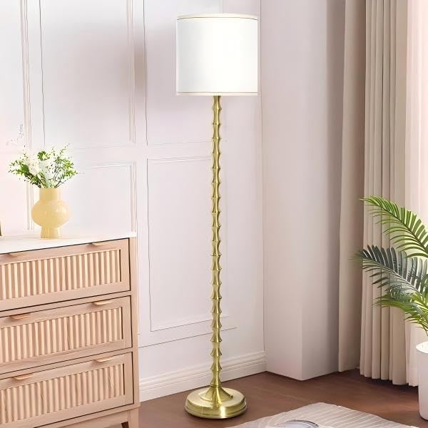 64.5" Vintage Gold Floor Lamp with Linen Drum Shade