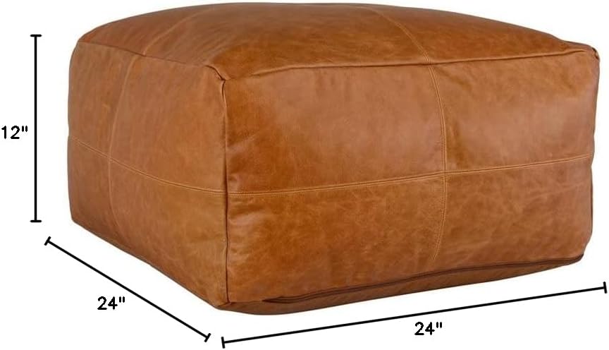 Square Genuine Leather Pouf Ottoman – Chestnut Brown