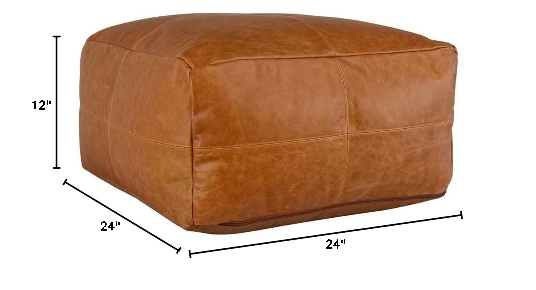 Square Genuine Leather Pouf Ottoman – Chestnut Brown