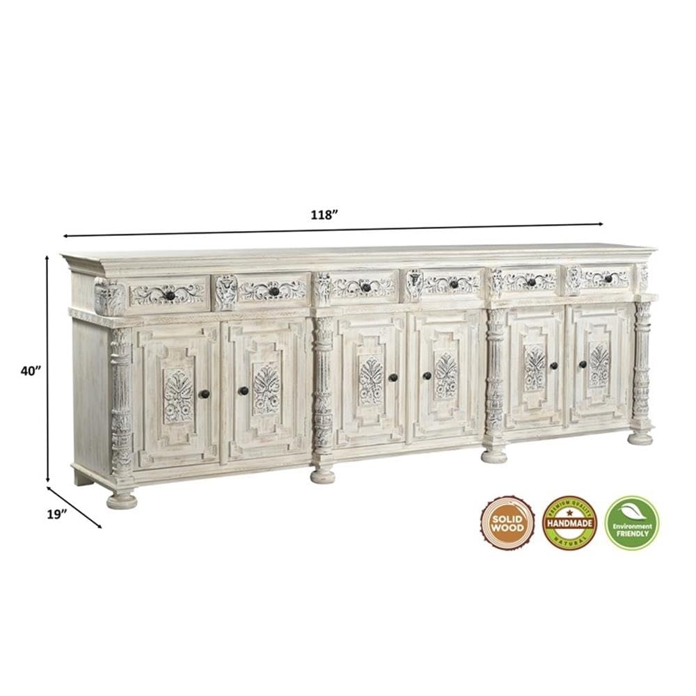 Pemberly Row 6-Drawer 6-Door Carved Solid Mango Wood Sideboard, Weathered White Finish, 118 in Wide, Floral Carvings, Removable Shelves, Decorative Buffet Table for Dining Room or Foyer Use