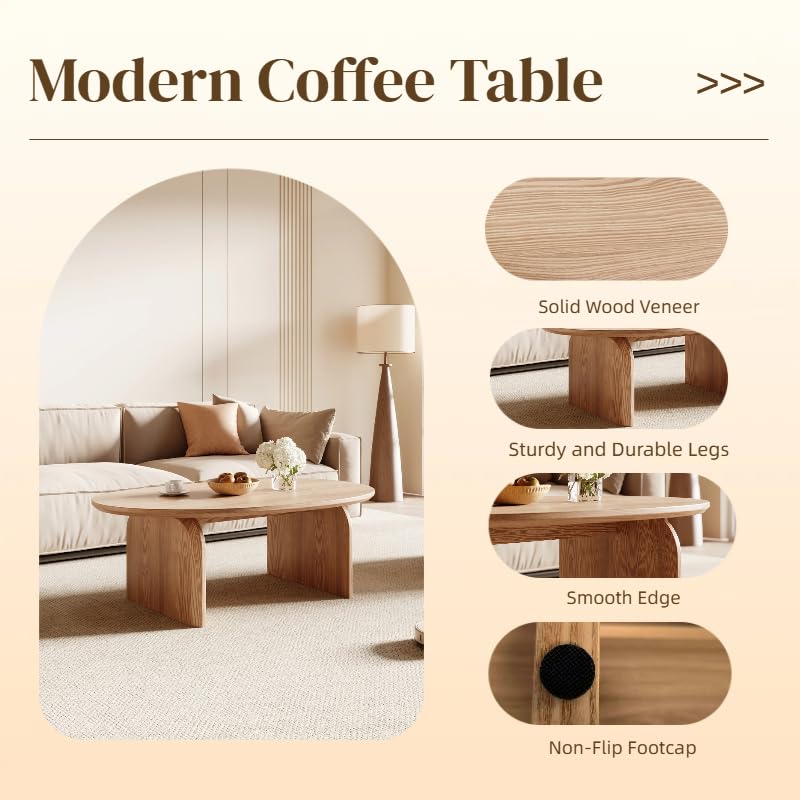 Honyee Small Oval Coffee Table, Oak Veneer Top with Solid Legs, Natural