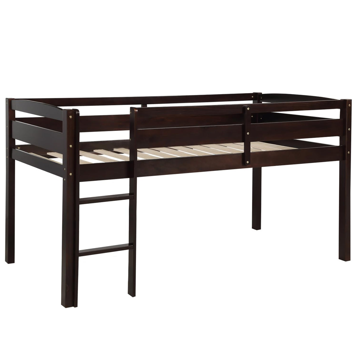 Flieks Low Loft Beds, Twin Wood Loft Bed Low Loft Beds for Kids with Ladder and Guardrails, No Box Spring Required, Easy Assembly，Space Saver (Espresso)