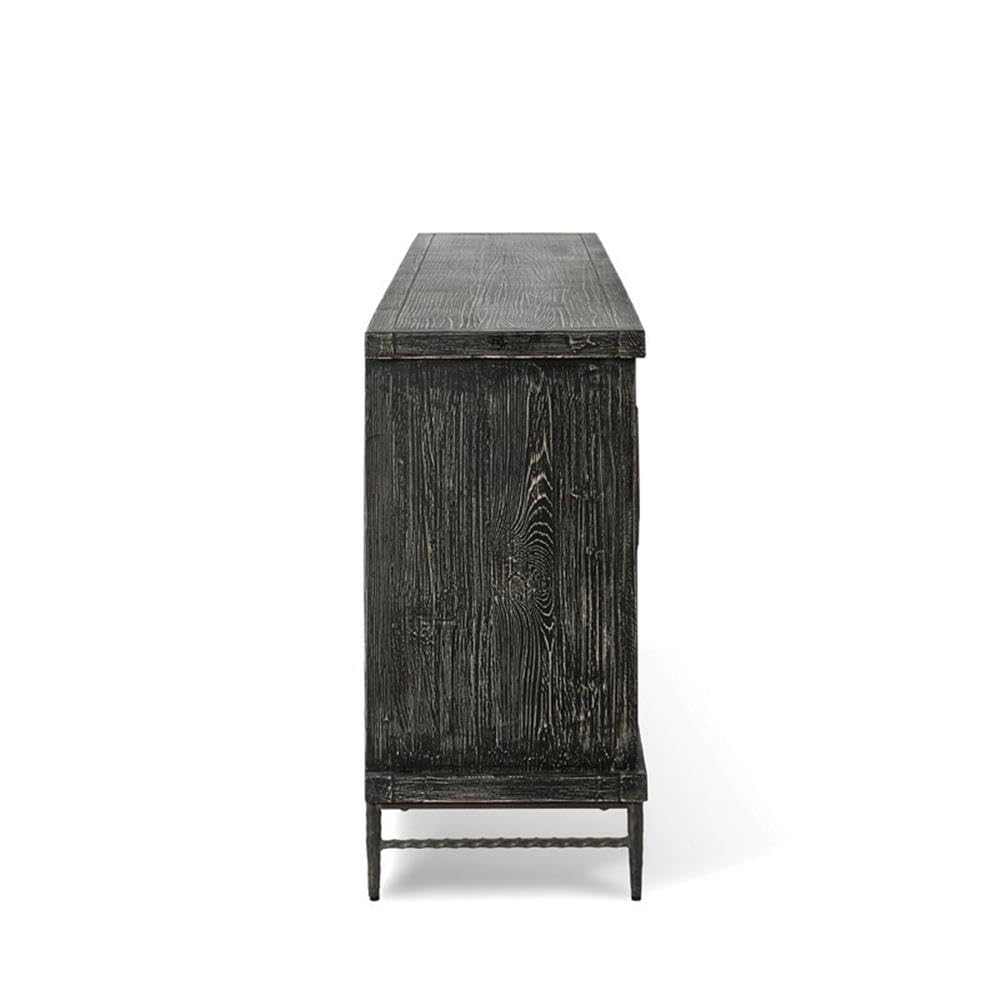 Pemberly Row Transitional 6-Door Sideboard Buffet, Reclaimed Pine Wood, Black Finish, Embossed Geometric Design, Ample Storage, Wire Management, Handcrafted Eco-Friendly Dining Room or Living Room