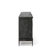 Pemberly Row Transitional 6-Door Sideboard Buffet, Reclaimed Pine Wood, Black Finish, Embossed Geometric Design, Ample Storage, Wire Management, Handcrafted Eco-Friendly Dining Room or Living Room