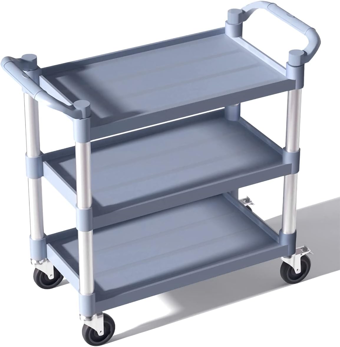 BRLJUNEO Plastic Utility Carts with Wheels, 3-Tier Large Size Restaurant Food Cart, Heavy Duty 600lbs Capacity Rolling Service Cart w/Hammer for Commercial, Kitchen, Office (Lockable Wheels, L-Grey)
