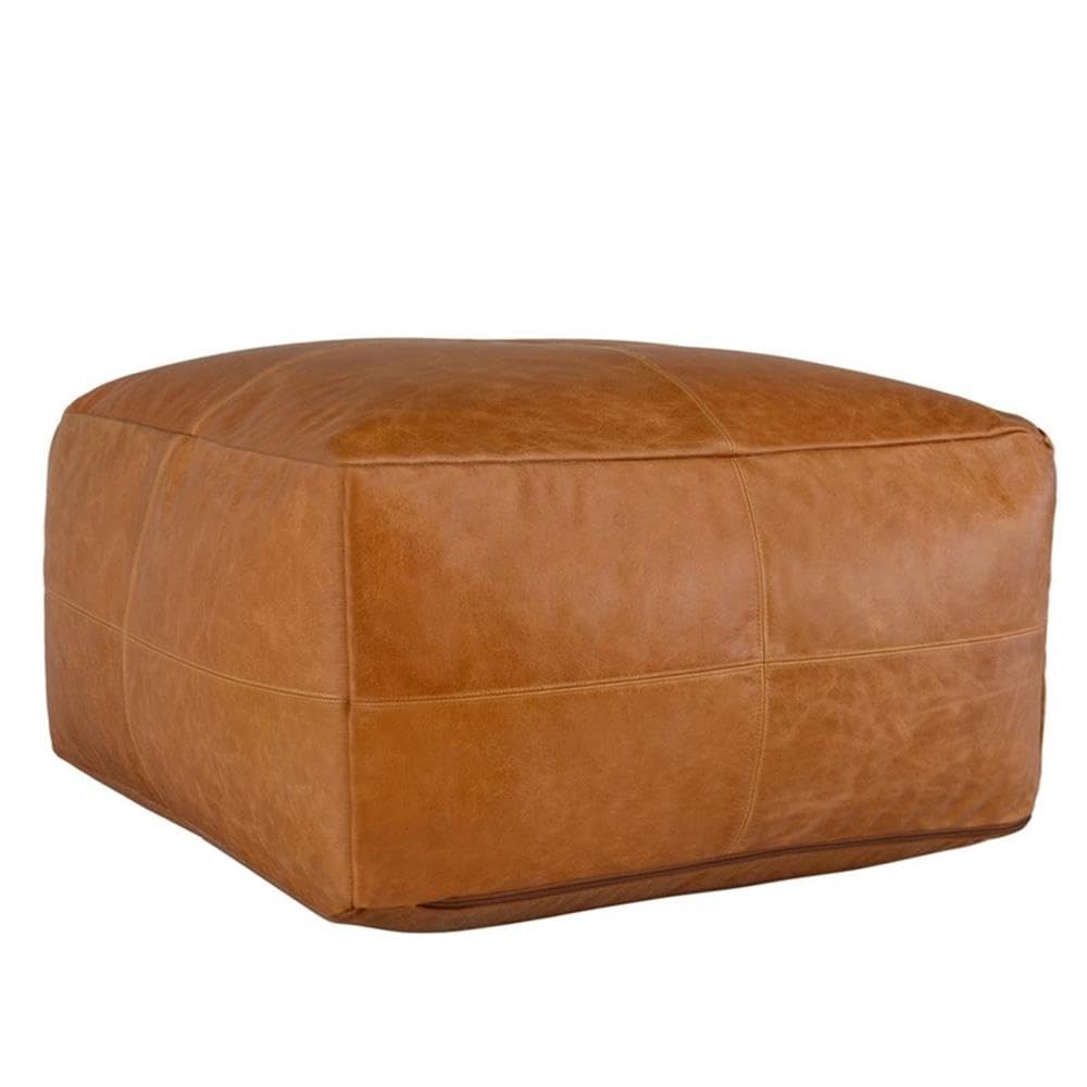 Square Genuine Leather Pouf Ottoman – Chestnut Brown