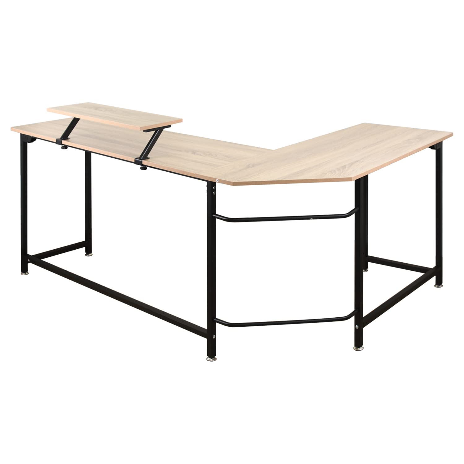 L-Shaped Computer Study Corner Desk with Monitor Stand Shelf CPU Stand, PC Laptop Gaming Desk 66” Workstation for Home Office Writing Table, Wood & Metal, Space-Saving
