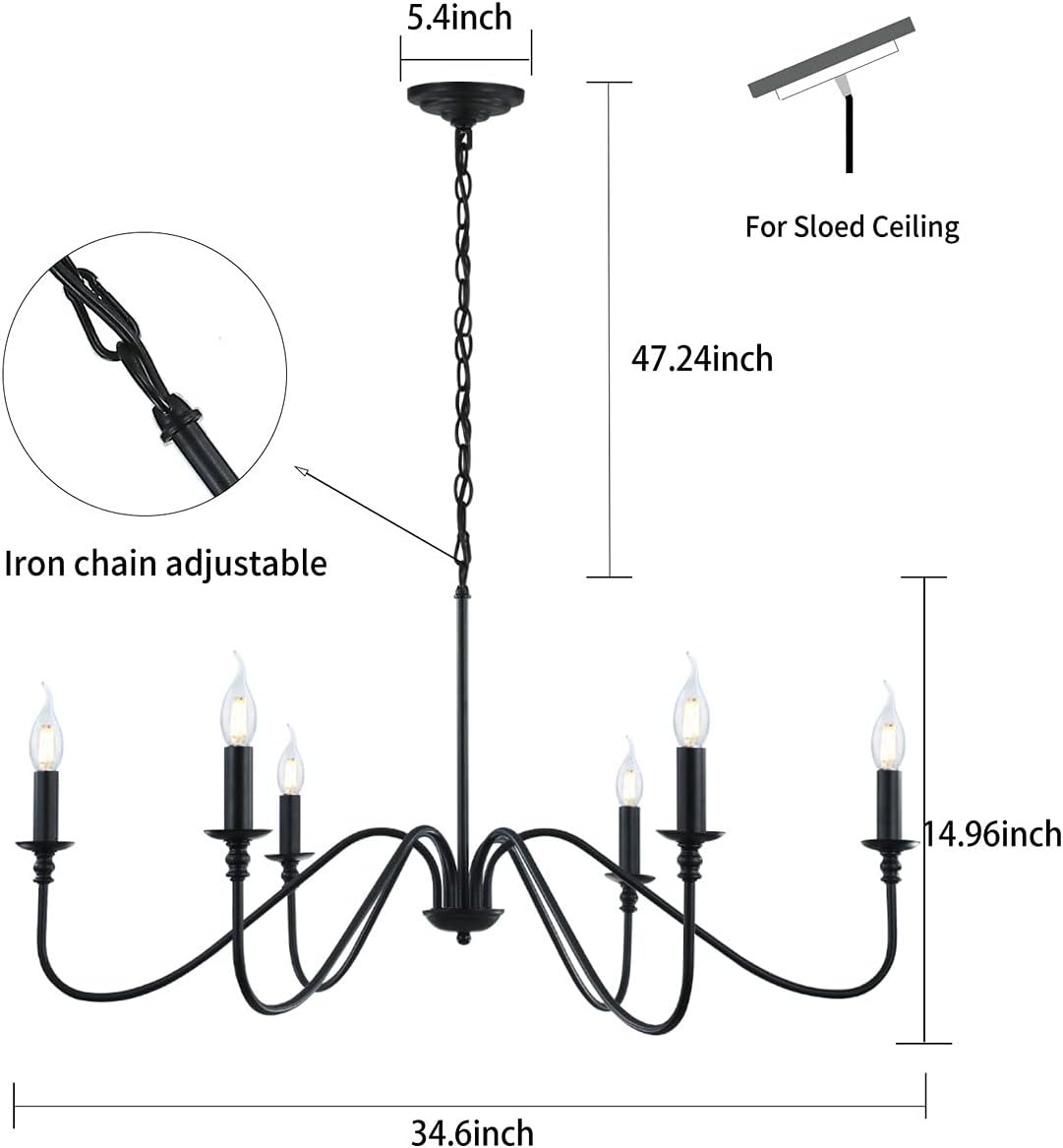 Black Chandelier,6-Light Rustic Industrial Iron Chandeliers for Dining Room Lighting Fixtures Hanging,Candle Hanging Hallway, Living Room, Foyer, Bedroom, Office, Bar,Island Lights