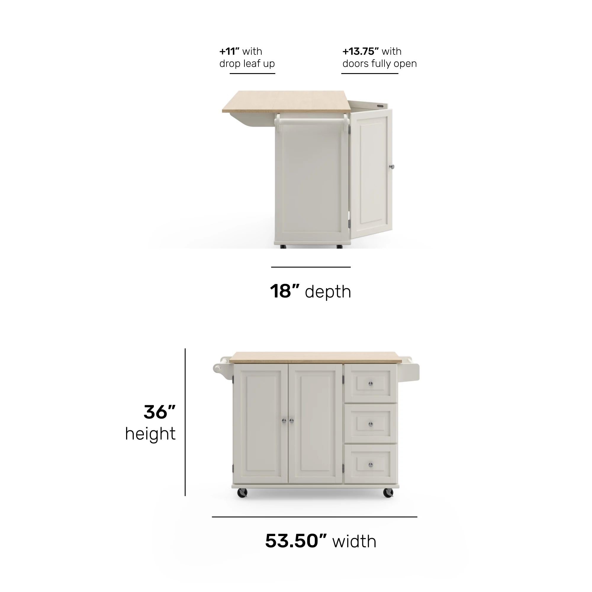 Homestyles Dolly Madison Off-White Mobile Kitchen Island Cart with Wood Drop Leaf Breakfast Bar