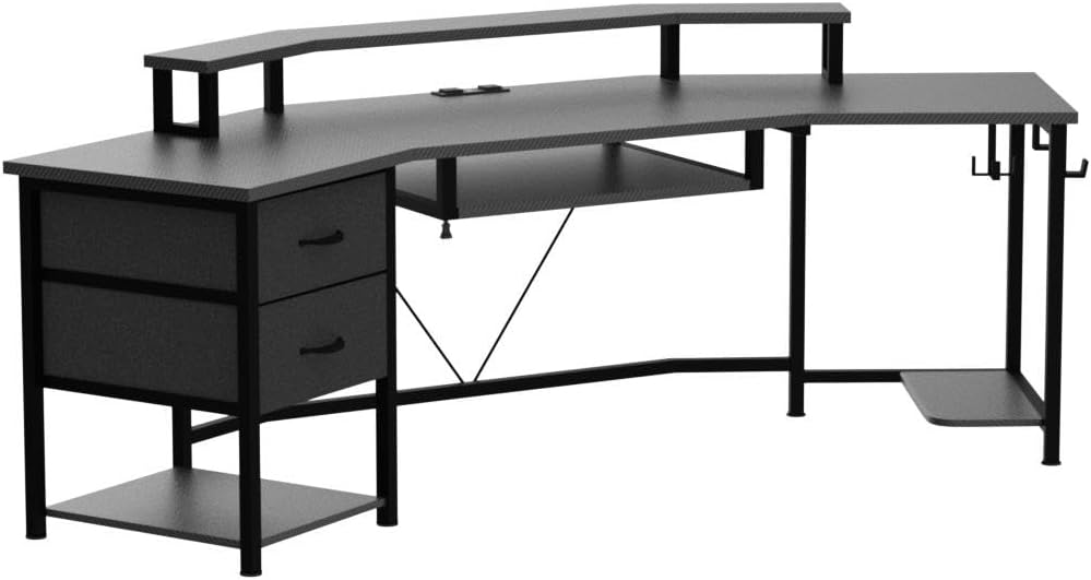 SEDETA 79" Gaming Desk, Computer Desk with 2 Fabric Drawers & LED Light, L Shaped Gaming Desk with Storage Shelf for Home Office, Carbon Fiber Black