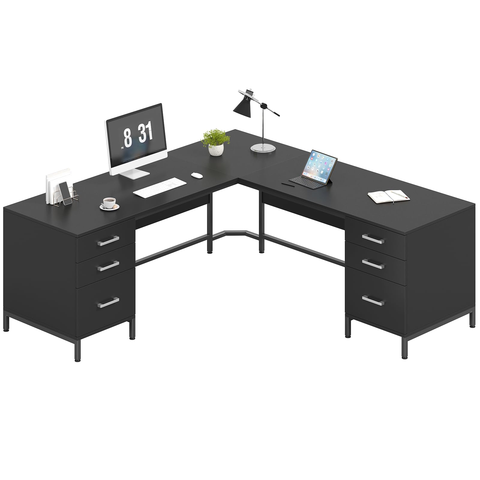 L-Shaped Corner Desk with 6 Drawers