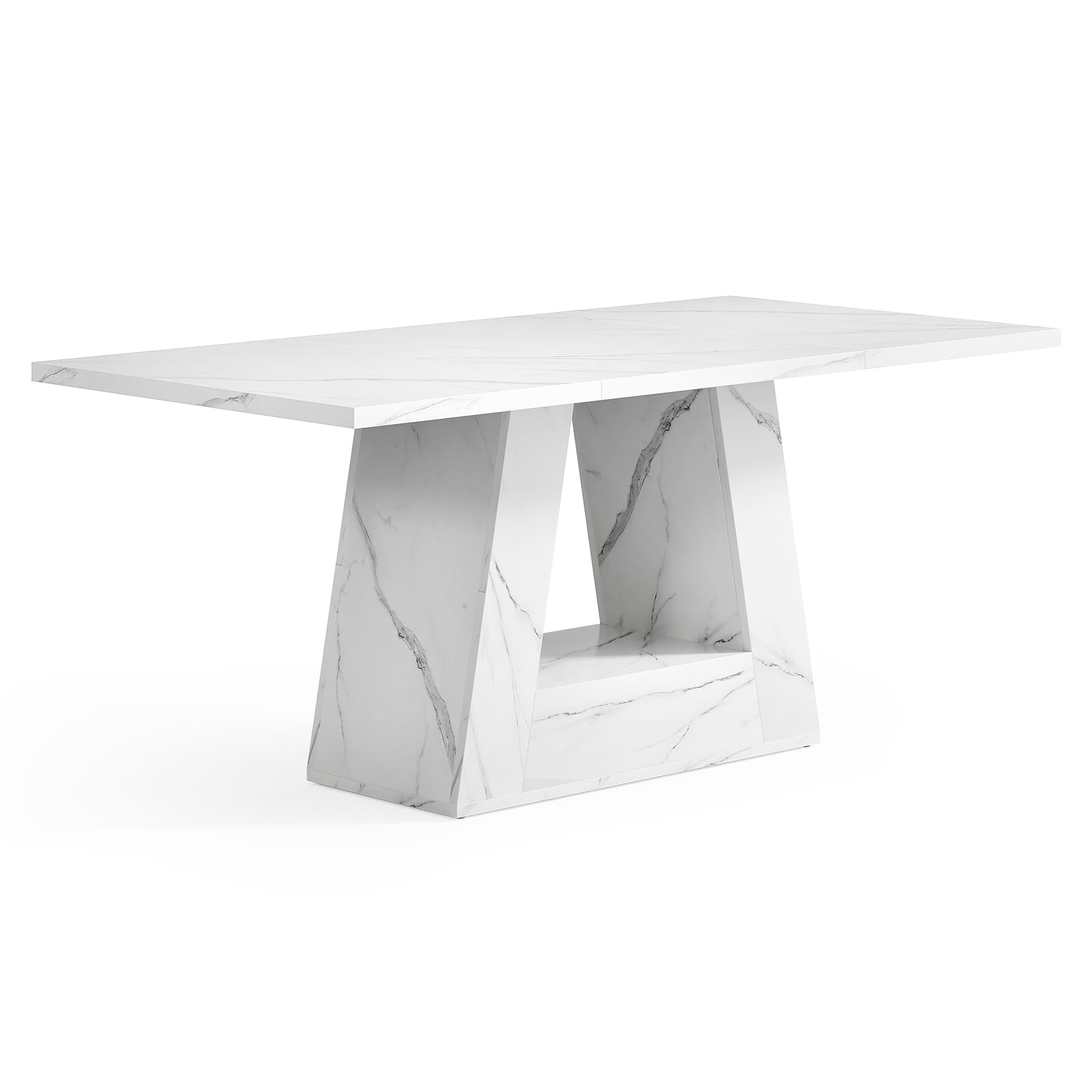63" Rectangle Dining Table | Faux Marble Top | Triangle Pedestal Base