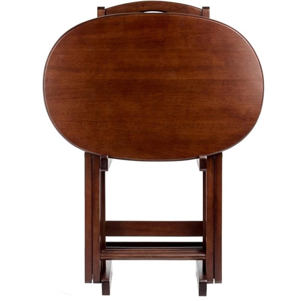5-Piece Solid Wood Oval Snack Table Set with Storage Stand – Cappuccino