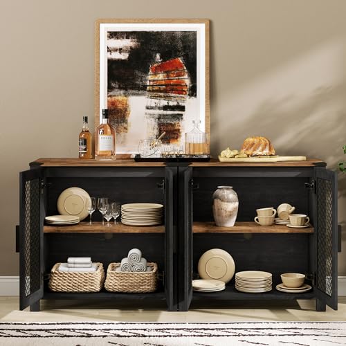 WAMPAT TV Stand Set for 100 inch TV,Door Storage Cabinet with Mesh for Living Room,Farmhouse Storage Units with Open and Adjustable Shelf,Antique White, Dark Walnut and Black