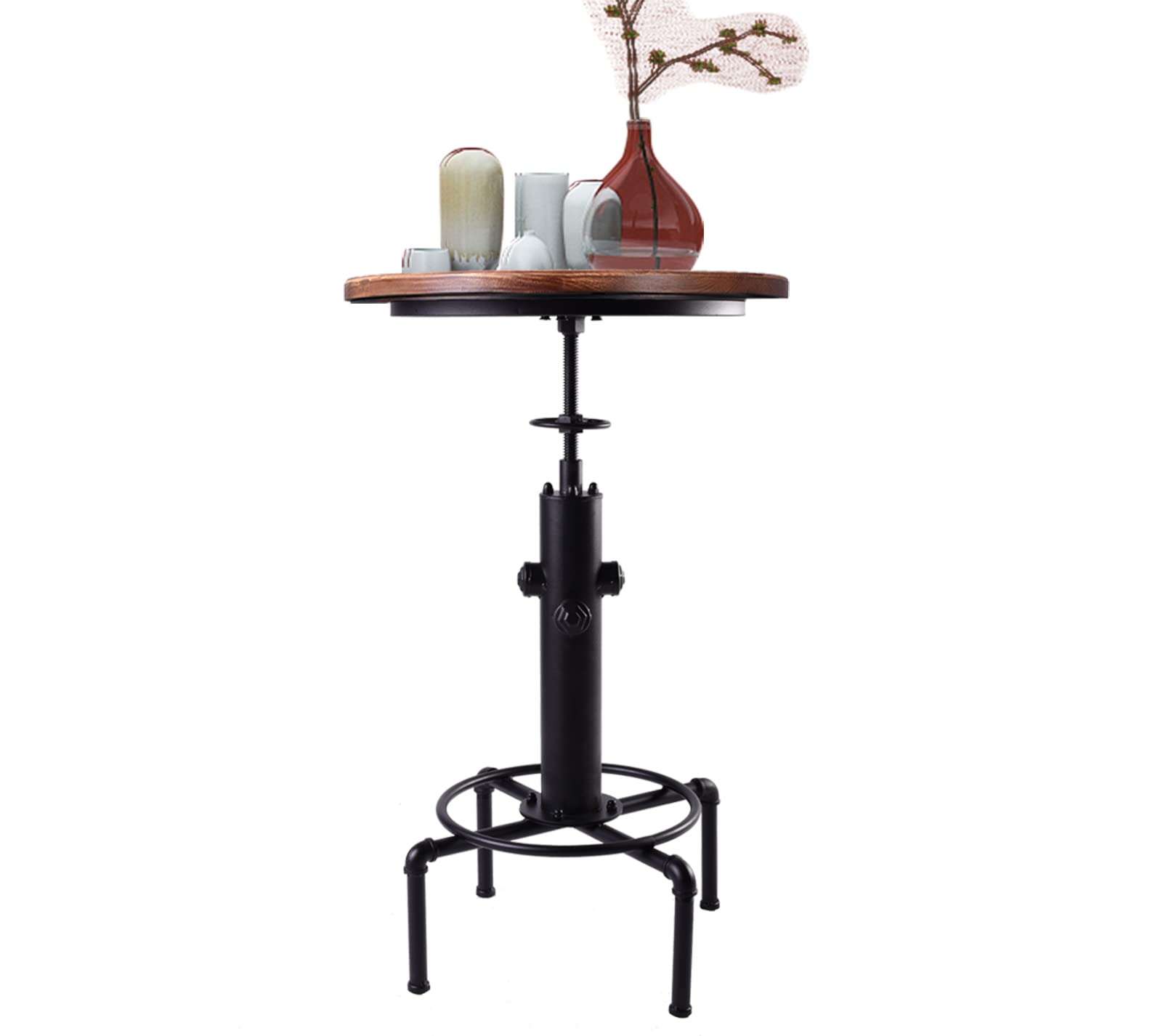 3-Piece Fire Hydrant Table & Chair Sets for Pub Bar Party Bistro Cafe Cocktail, Weld Metal Legs Round Wood Top, Rustic Brown Industrial Black Adjustable Swivel (1×32.3"-36.2" Table, 2×20"-27" Stool)