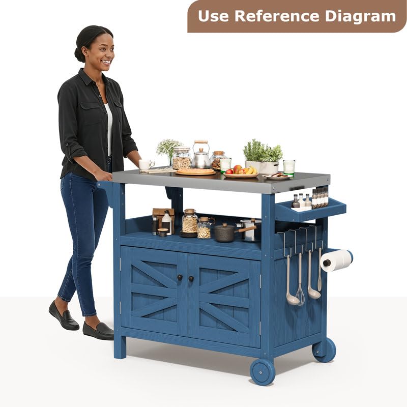 LIKEPAY Courtyard Side Cabinet Dining cart, Courtyard Furniture, Outdoor Barbecue Dining cart, Stainless Steel Tabletop, Storage Cabinet with Door-Navy