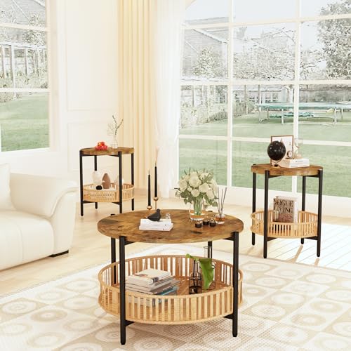 AWQM 3 Pieces Coffee Table Set for Living Room, 2 Tier Round Rattan Coffee End Side Table, Boho Living Room Table Set with Metal Frame for Bedroom Office