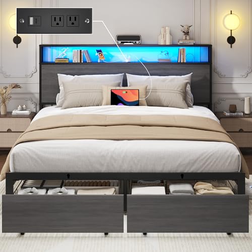Lifezone Full Bed Frame with 2-Tier Storage Headboard, Metal Bed Frame with Storage Drawers & Built-in Charging Station & LED, Noise-Free, No Box Spring Needed, Easy Assembly, Rustic Grey