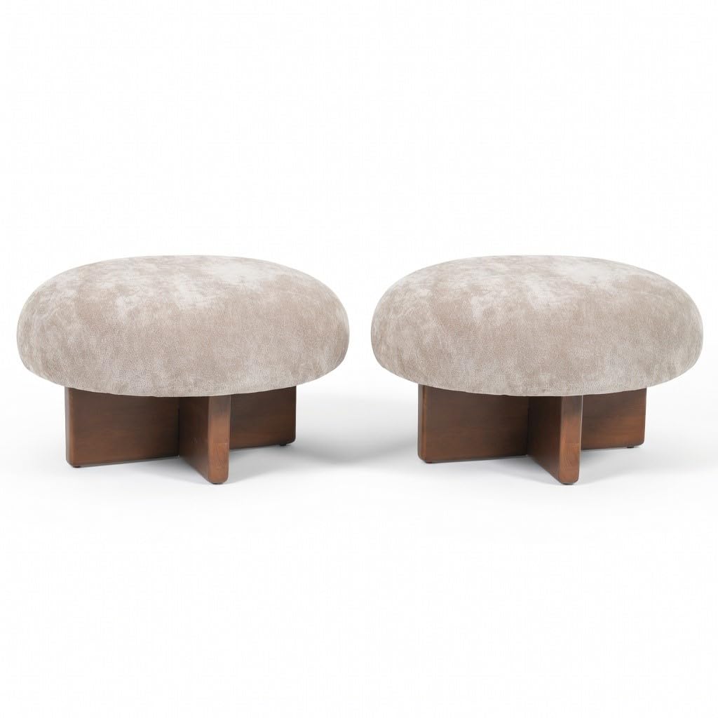 Round Chenille Ottomans, Set of 2