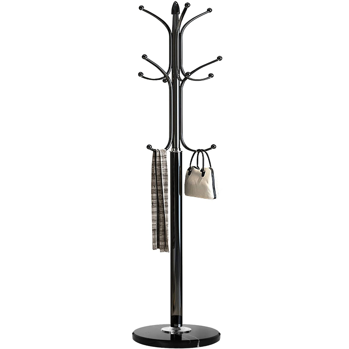 Kertnic Freestanding Coat Rack Stand, Heavy Duty Metal Hall Tree with 12 Hooks, 70 Inch Tall Stable Coat Hanger with 14.6" Natural Marble Base, Entryway Organizer for Coats Bags Hats Purses (Black)