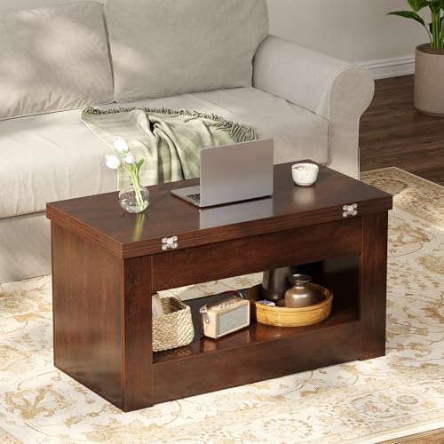 UNIQUITE 40" Lift Top Coffee Table, 4 in 1 Multi-Function Lift Coffee Table with Storage and Hidden Compartment, Convertible Coffee Tables to Dining Table for Living Room, Walnut
