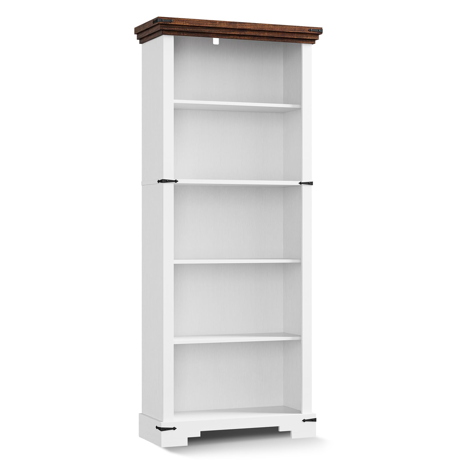 HOTLUU 5-Tier Farmhouse Bookshelf, 61.1 inch Tall Bookcase with Storage & Unique Design & One Adjustable Shelf, Wooden Bookshelf for Study Room, Living Room, Home Office, Bedroom (White)